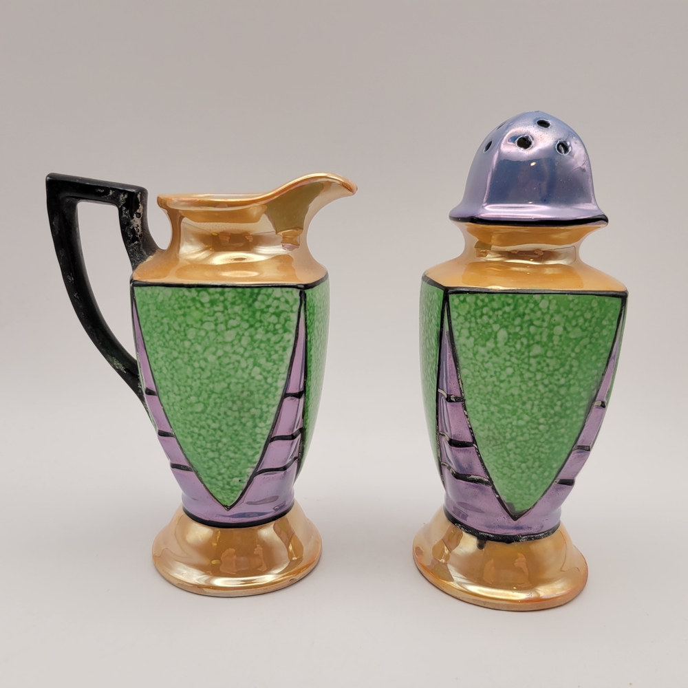 Art Deco Green and Purple Ceramic Pitcher and Shaker Set